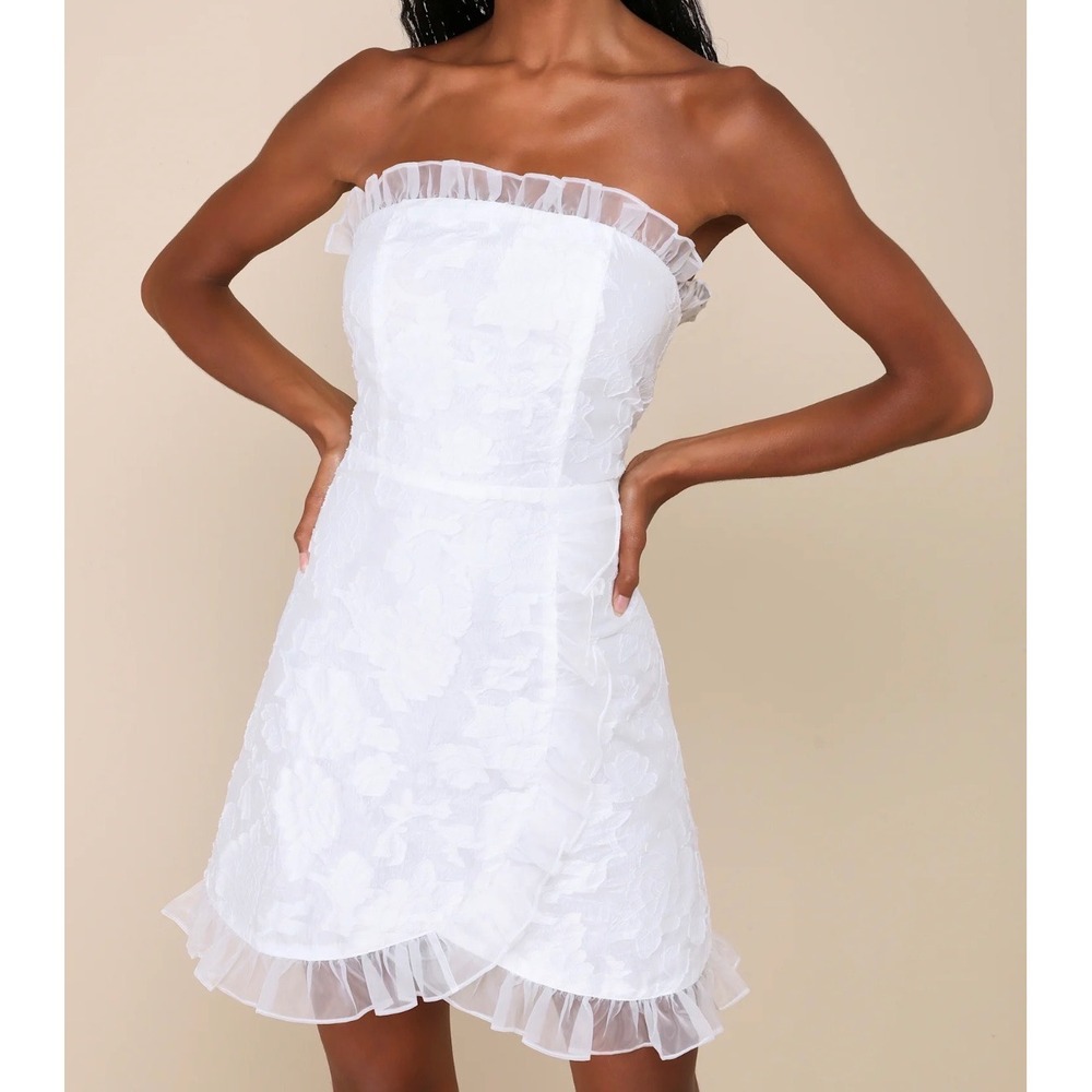 Lulus Exclusive Sweetness White Floral Burnout Strapless Ruffle Mini Dress Siz S